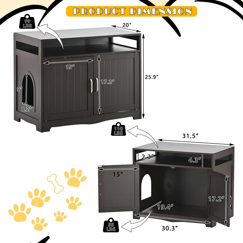 Indoor Cat Washroom Storage Bench Side Table Cat House, Large Wooden Enclused Litter Box House