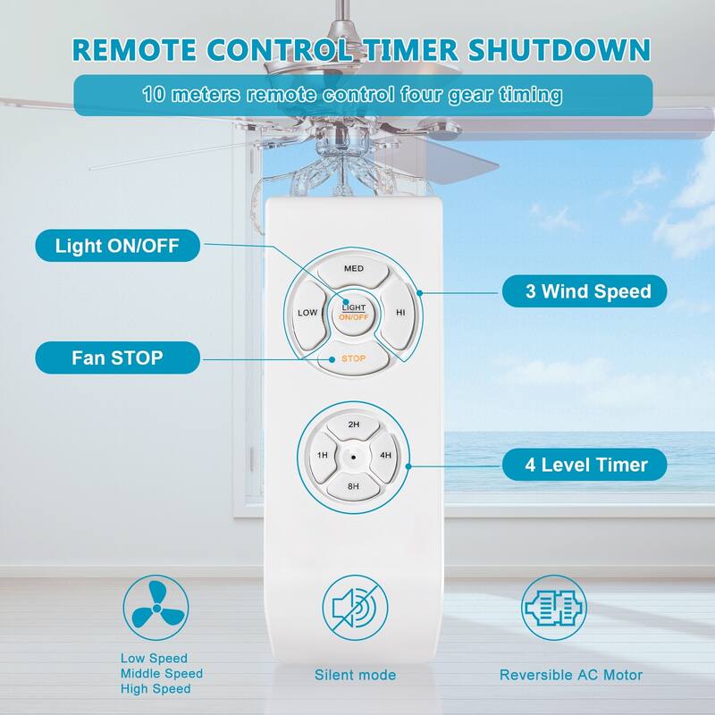 52 inch Chrome Crystal Reversible Ceiling Fan with Lights and Remote Control - 52 Inches