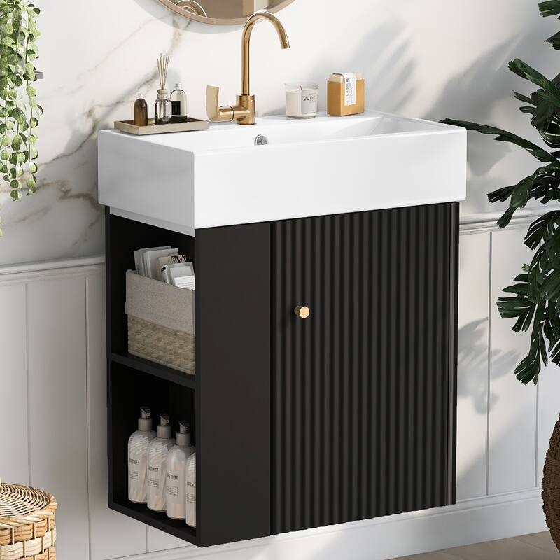 Floating Bathroom Vanity Cabinet with Sink & Left Side Storage, Black - 21.6 Inch