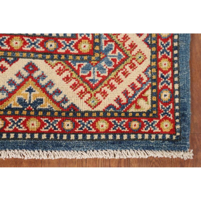Blue Geometric Kazak Foyer Rug Hand-Knotted Traditional Wool Carpet - 2'10" x 4'1"