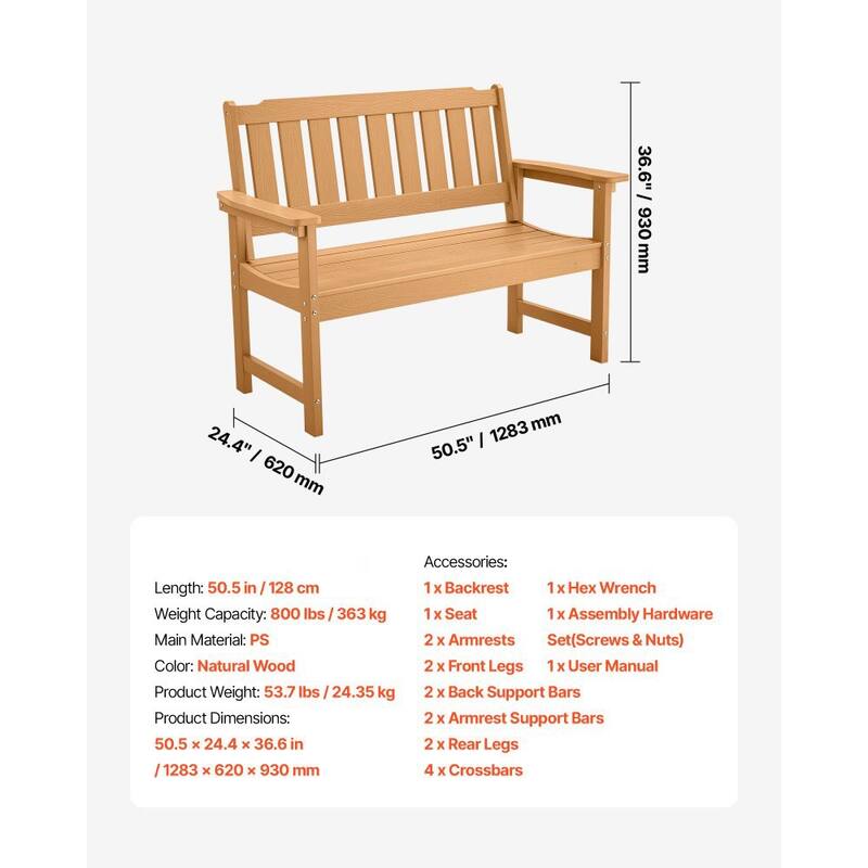 Natural Curved Design Weatherproof Garden Bench with Slatted Seat and Armrests for Comfortable Seating - 50.5” x 24.4” x 36.6”