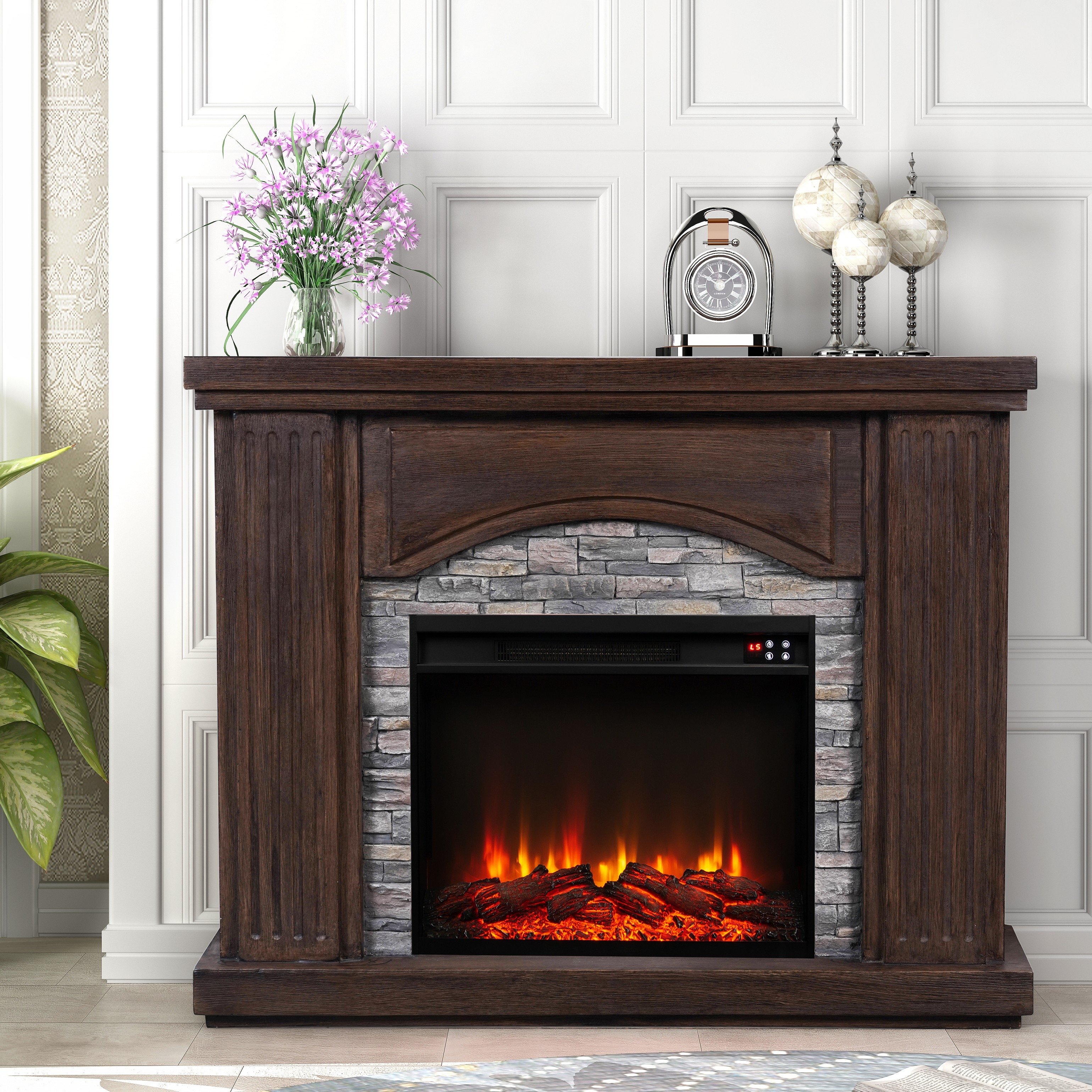 Faux stone electric shop fireplace tv stand
