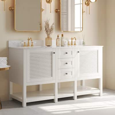 DeerValley 60 inch Bathroom Vanity Double Sink Top with Backsplash, Pre-assembled Bathroom Cabinet White