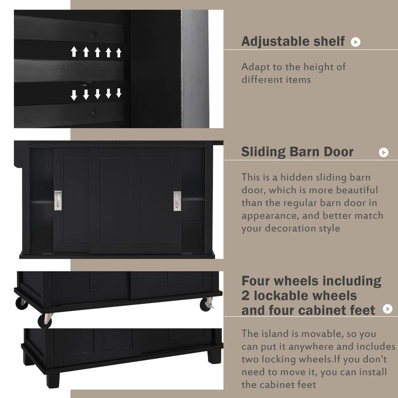 Rolling Kitchen Island with Drop-Leaf Countertop, Adjustable Shelves, 2 Drawers & Sliding Barn Door - Mint Green