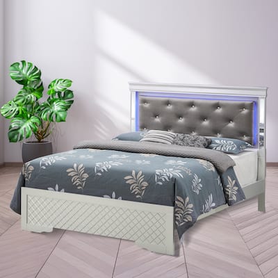 Jewel Tufted Queen Panel Bed with LED Lights - 85" - Silver Champagne and Black