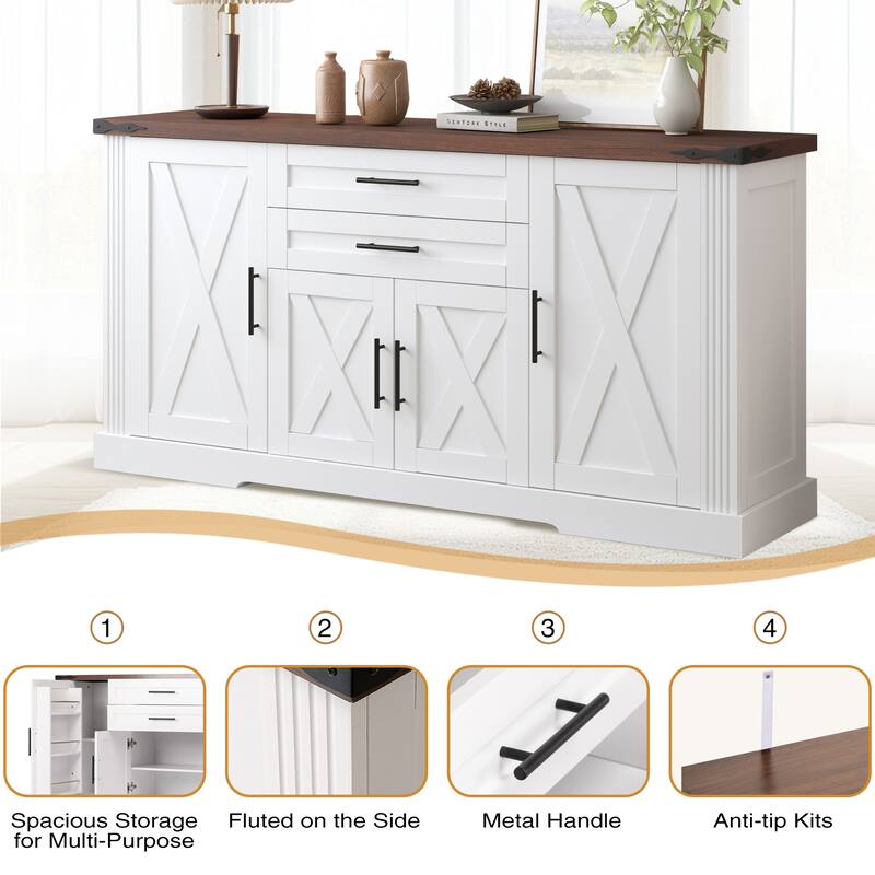 63"Barn Door Storage Cabinet with 2 Drawers & Door Rack, Large Buffet Table Coffee Bar Cabinets with Adjustable Shelves