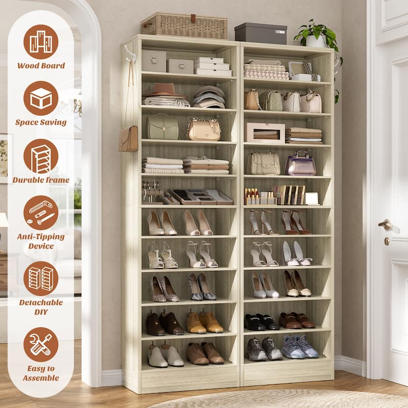 Freestanding 10-Tier Shoe Storage Cabinet,Narrow Wood Shoe Rack Shoe Organizer,Sturdy Closet Organizer Open Display Cabinet
