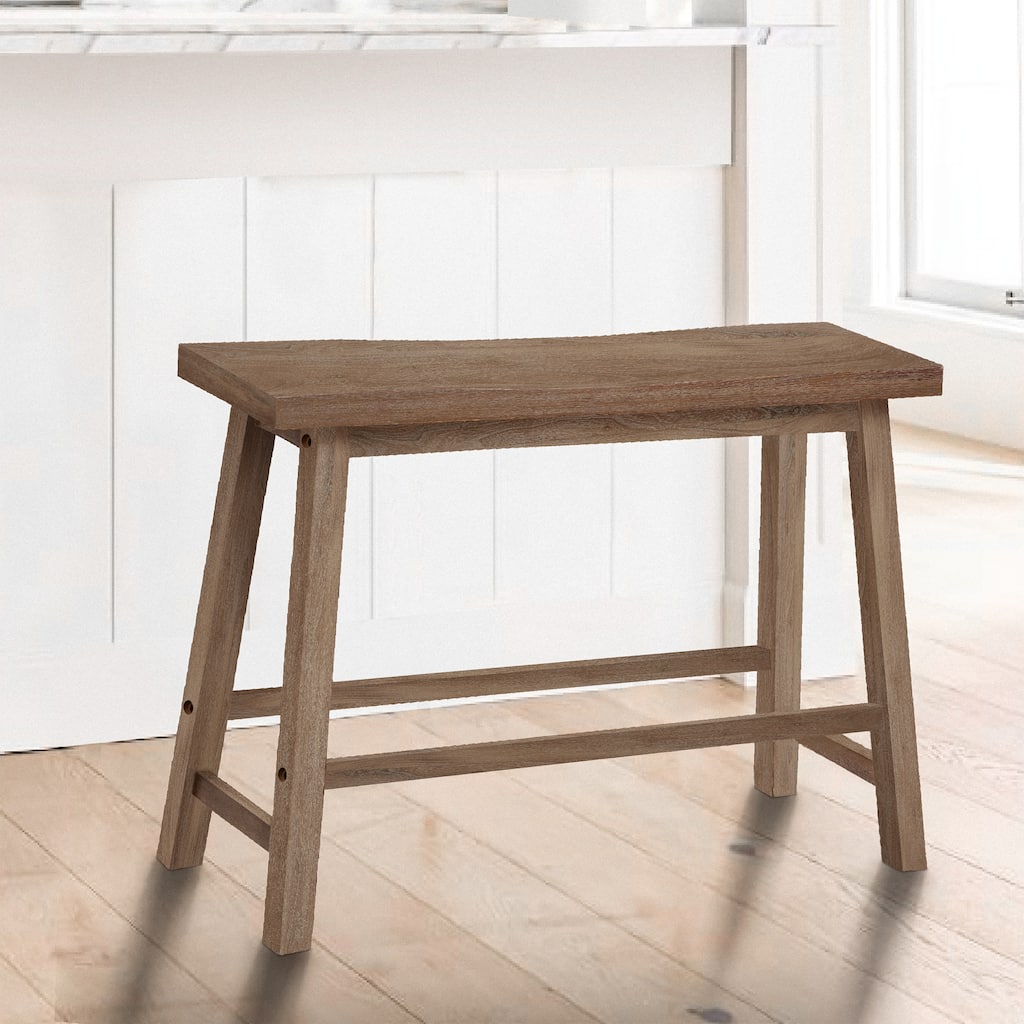 33 Inch Saddle Seat Bench with Angled Frame, Sandblasted Antique Brown Acacia Wood