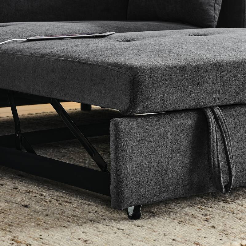 Chenille Pull-Out Sleeper Loveseat Bed Adjustable Backrest Tufted Futon Sofa with 2 Pillow and USB Ports, Pockets