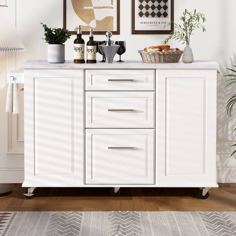 50.7" Kitchen Island with Storage and Concealed Trash Can, Rolling Kitchen Island on 5 Wheels with Drop Leaf, Drawers and Door - White