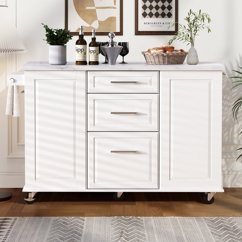 50.7" Kitchen Island with Storage and Concealed Trash Can, Rolling Kitchen Island on 5 Wheels with Drop Leaf, Drawers and Door