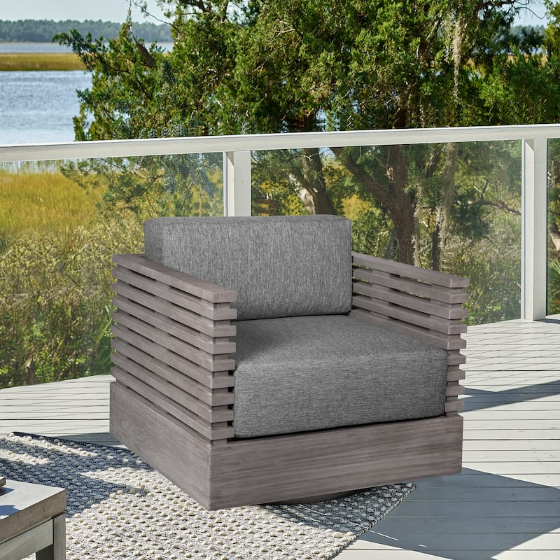 Vivid Swivel Outdoor Patio Chair in Eucalyptus Wood with Olefin Cushions - Light Gray