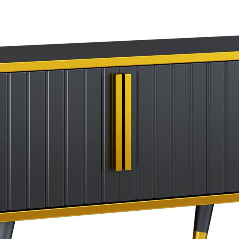 Elegant 79-Inch TV Stand with Ample Storage, Golden Elements, and Sleek Design - Ideal for Large Living Spaces.