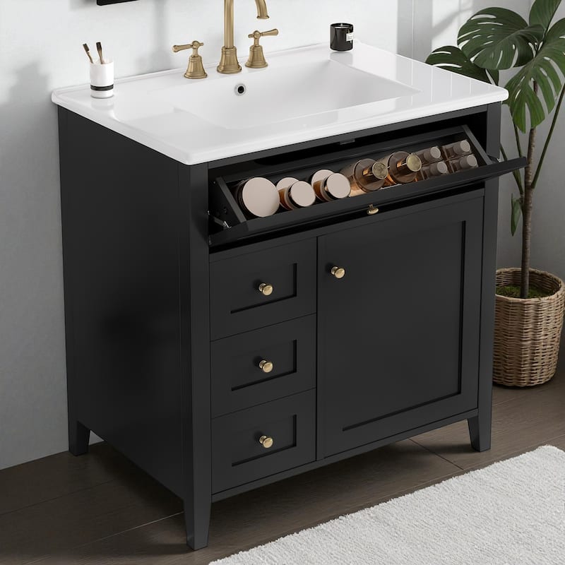 30-Inch Bathroom Vanity with Sink, MDF and Solid Wood Cabinet, 3 Drawers and Adjustable Shelf, Freestanding Design