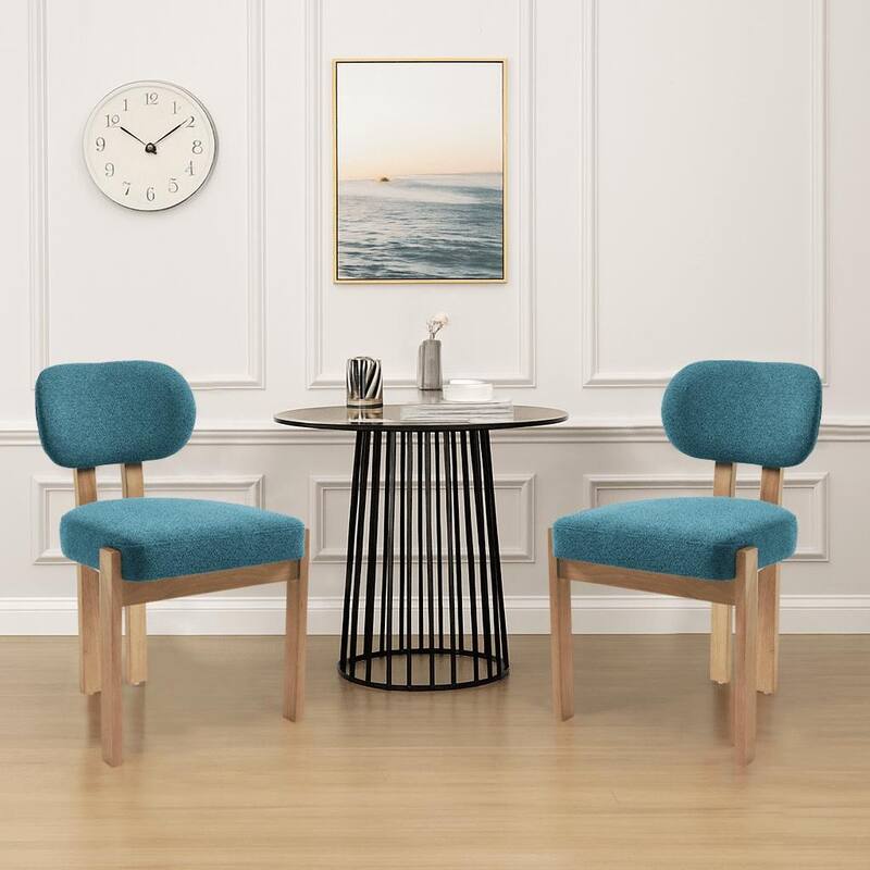 Modern Minimalist Set of Two Chenille Fabric Upholstered Dining Chairs with Solid Rubberwood Frame Legs - Teal