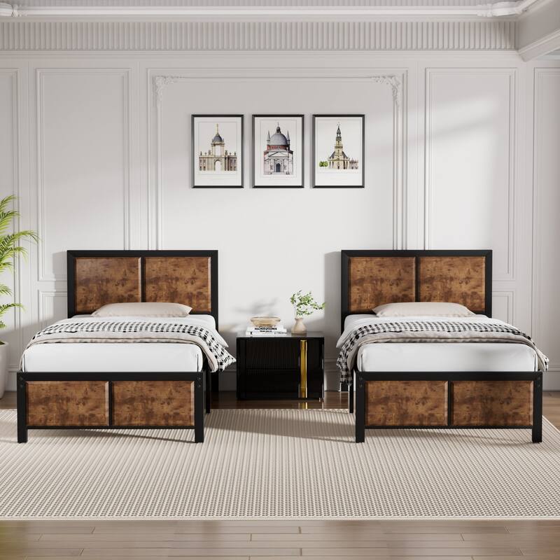 VECELO Set of 2 Platform Twin Beds 12.6" Elevated Storage Space MDF Partitioned Headboard & Footboard No Box Spring Needed - Rustic Brown