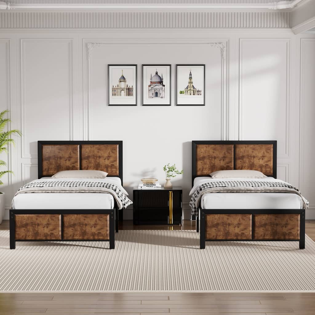 VECELO Set of 2 Platform Twin Beds 12.6" Elevated Storage Space MDF Partitioned Headboard & Footboard No Box Spring Needed