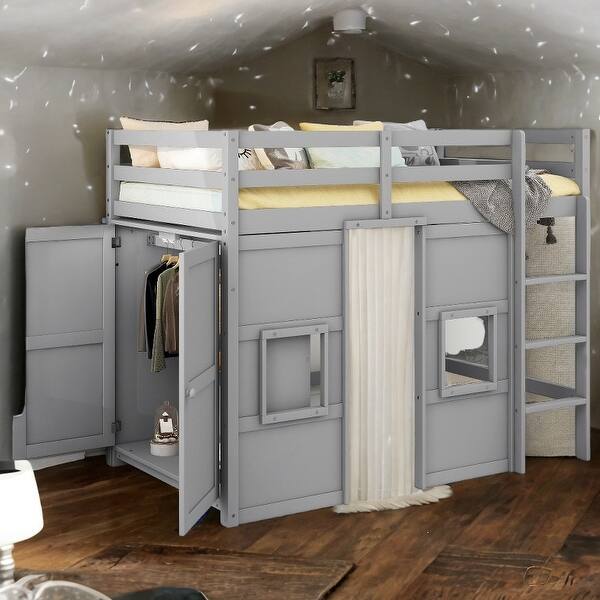 slide 2 of 38, Simple & Modern Wood Twin Size Loft Bed with Built-in Storage Wardrobe and 2 Windows, Playful Space, Sturdy Construction, Gray Grey