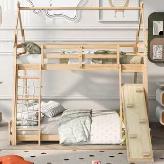 House-Design Twin over Queen Wooden Bunk Bed with Climbing Nets and Climbing Ramp