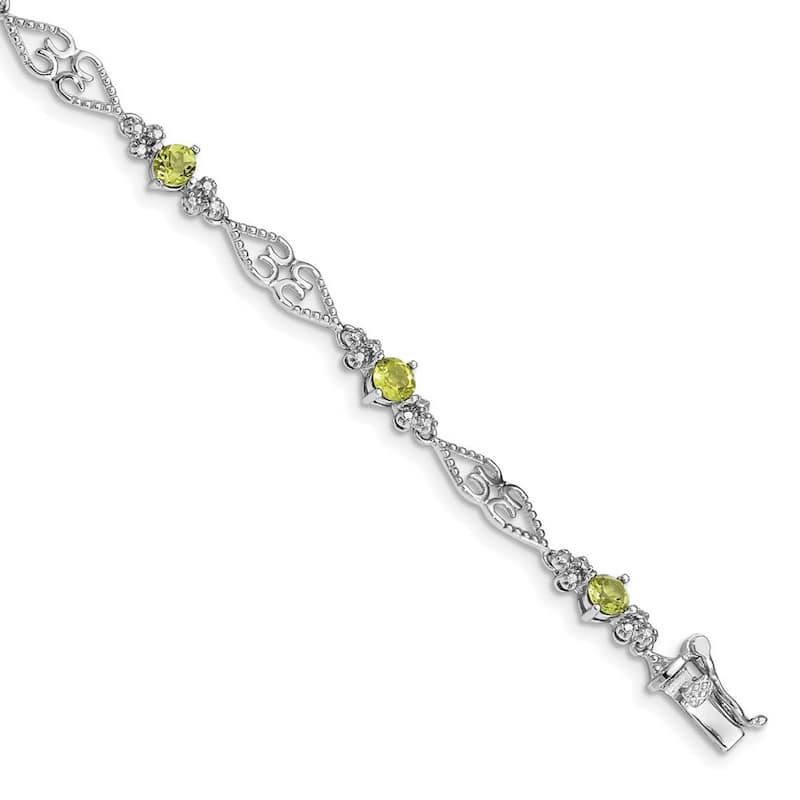 Curata 925 Sterling Silver Textured Polished Box Catch Closure Diamond Peridot Bracelet