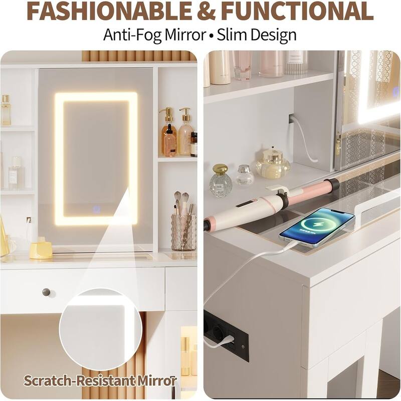 3-Color LED Light Makeup Dressing Table Vanity Desk with Sliding Mirror
