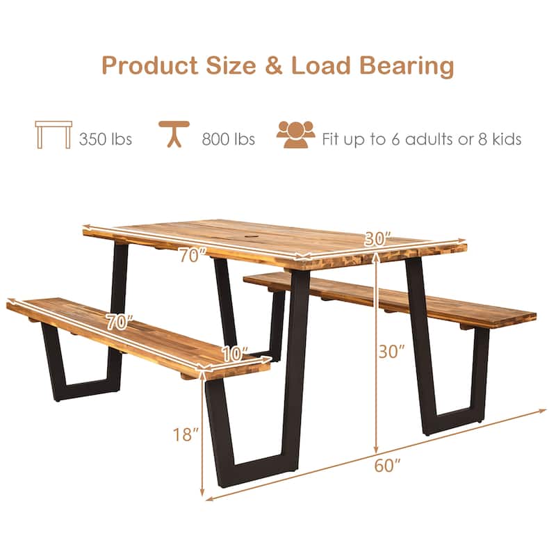 Picnic Table Bench Set Outdoor Dining Table Set with Umbrella Hole