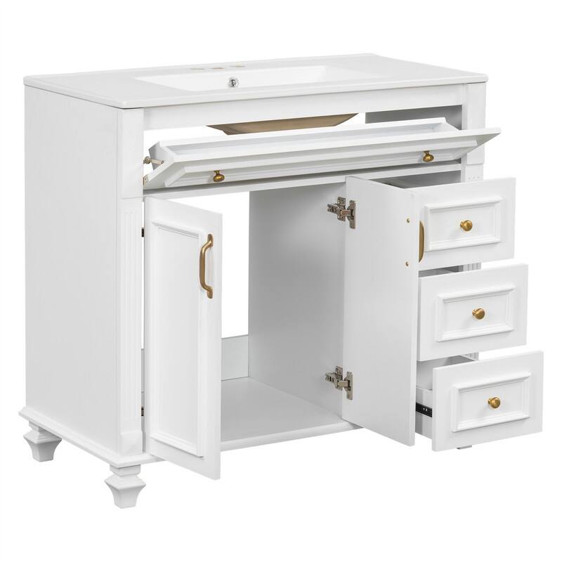 36" Bathroom Vanity with Ceramic Sink, Freestanding Bathroom Vanity Cabinet with Flip-Out Drawer, 3 Drawers & 2 Soft-Close Doors