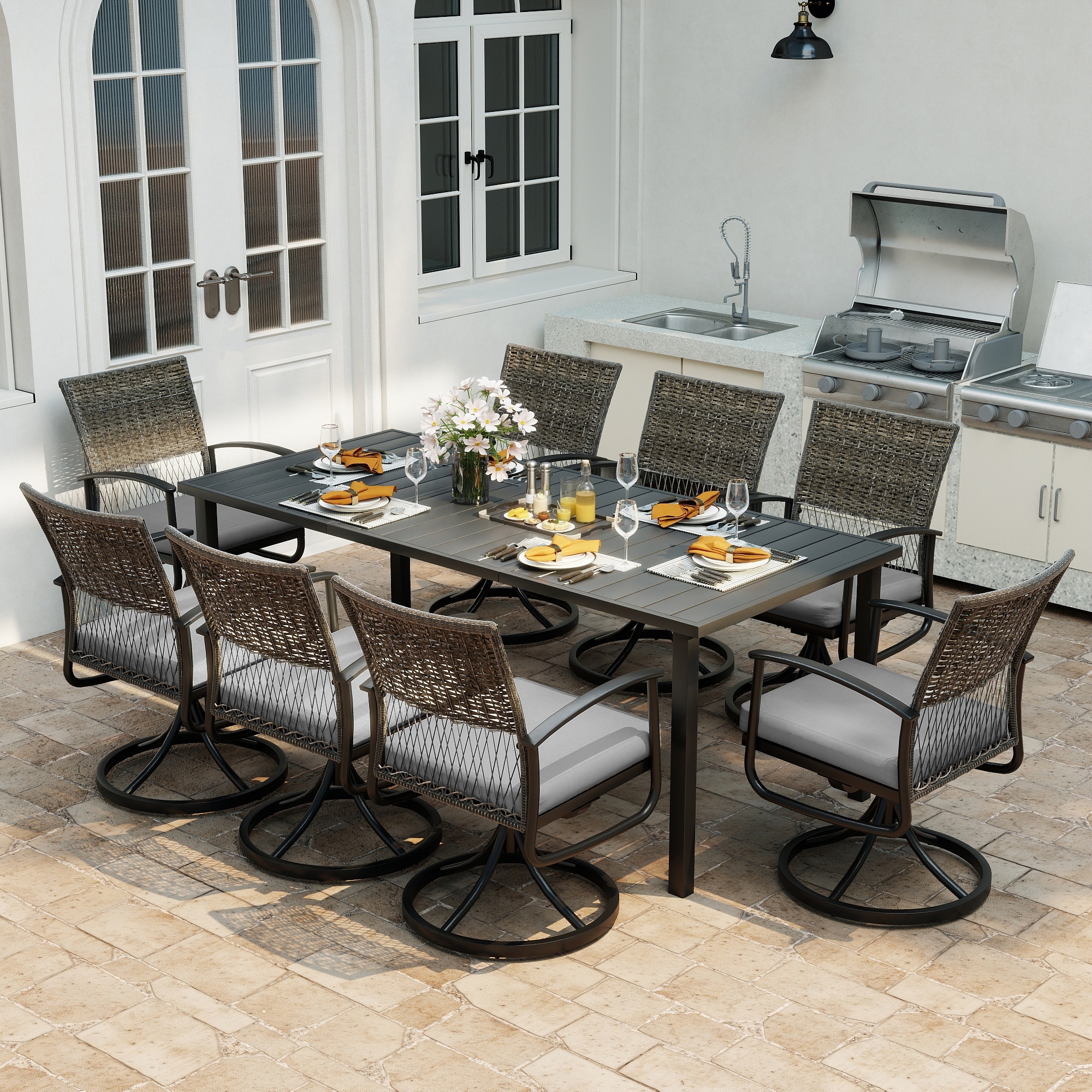 LattShield 9-Piece Black Metal Outdoor Dining Set with 8 Swivel Dining Chairs and Gray Cushions