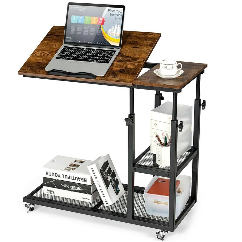 Height Adjustable C-Shaped End Table with Lockable Wheels and Tiltable Table Top - 31.5" x 16" x 25"-37.5" - Rustic Brown