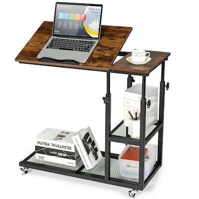 Height Adjustable C-Shaped End Table with Lockable Wheels and Tiltable Table Top - 31.5" x 16" x 25"-37.5"