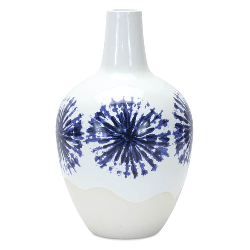 11" White And Blue Geometric Medallion Ceramic Urn Vase - 6.50
