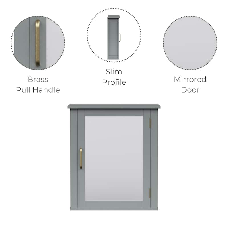 Teamson Home Mercer Gray Mid-Century Modern Medicine Cabinet, Mirrored Door, Adjustable Shelf, Removable Wall Storage
