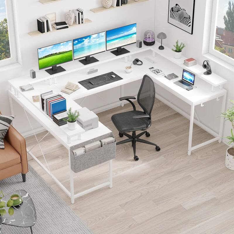 U Shaped Desk, 126 Inch Gaming Desk with Monitor Stand and LED Lights