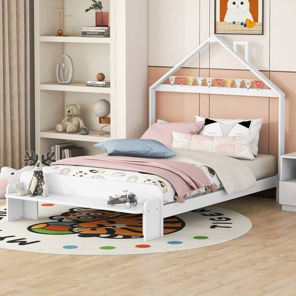 slide 2 of 8, Full Size Wood Platform Bed with House-Shaped Headboard, Footboard Bench, and Wooden Support White
