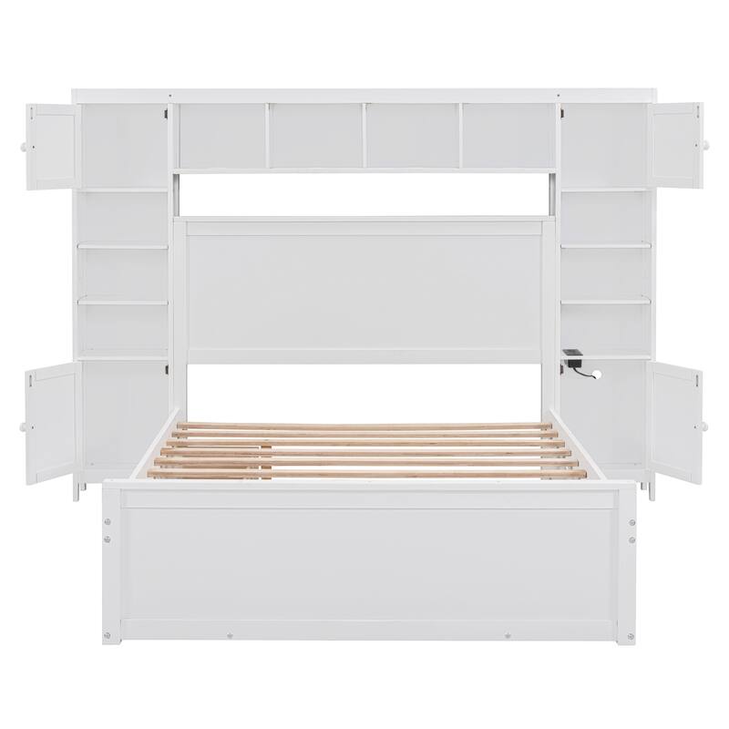 Full Size Wooden Bed with Built-in Cabinet, Shelf, Outlets, and Trundle in White