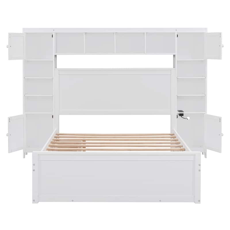 Modern Wooden Bed with Cabinet, Shelf & Sockets