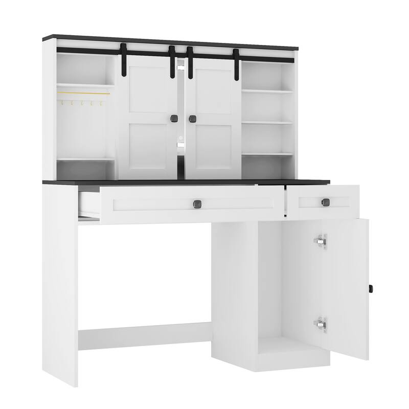 Farmhouse Modern Makeup Vanity: 43" Dressing Table with Lighted Mirror, Storage Drawer & Hair Dryer Holder