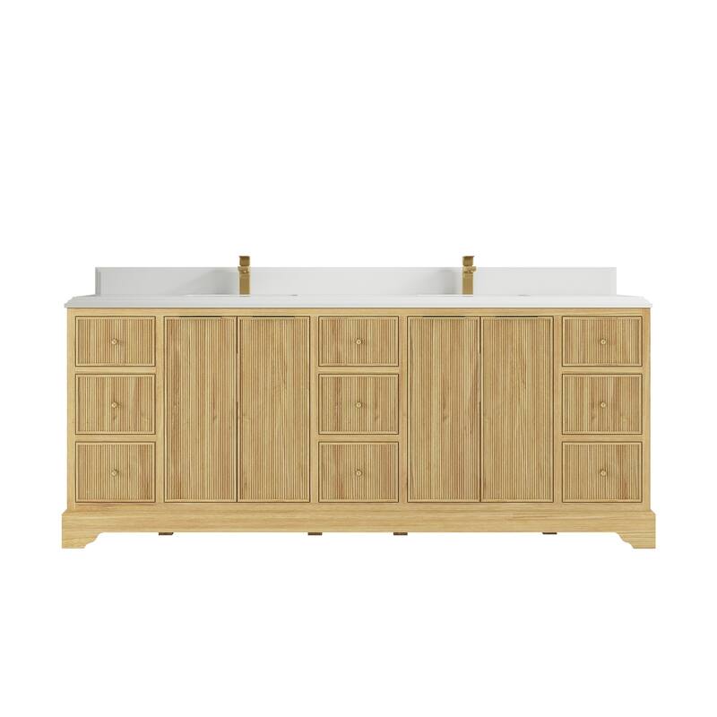 Willow Collections 84 in. W x 22 in. D Austin Solid Teak Wood Double Sink Bathroom Vanity with Countertop - 1.5"White - Light Natural