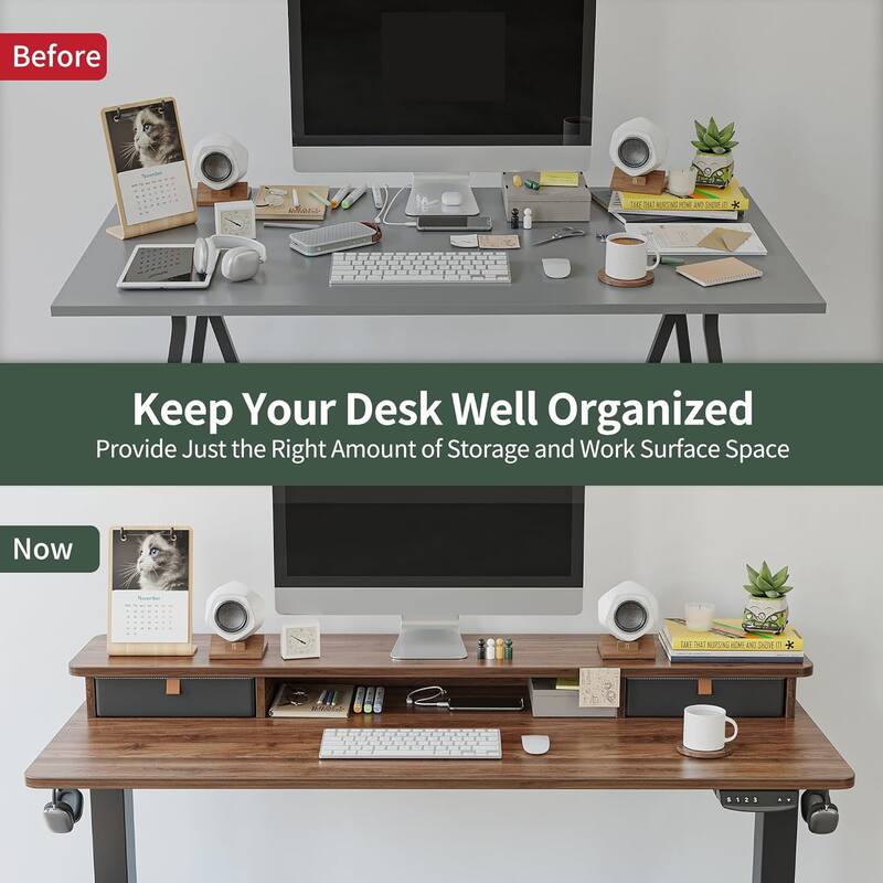 FEZIBO Height Adjustable Electric Standing Desk with Double Drawer, Stand Up Desk with Storage Shelf, Sit Stand Desk