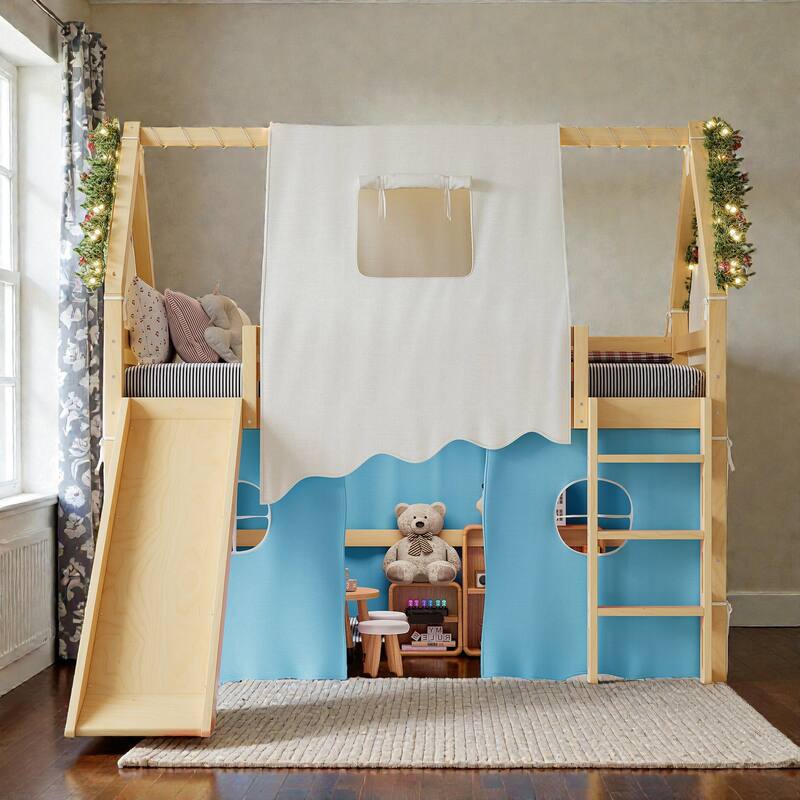 House Loft Bed with Slide & Tent, Solid Wood Kids Bed w/ Ladder, Guardrails, Playhouse Design, No Box Spring Needed