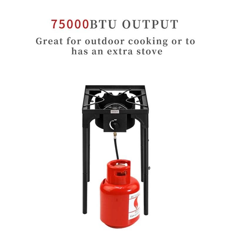 5.51" Head 75000-225000 BTU Outdoor Camp Stove Portable High Pressure Propane Gas Cooker/1.2M Leather Hose - Black - 1 Burner Stove