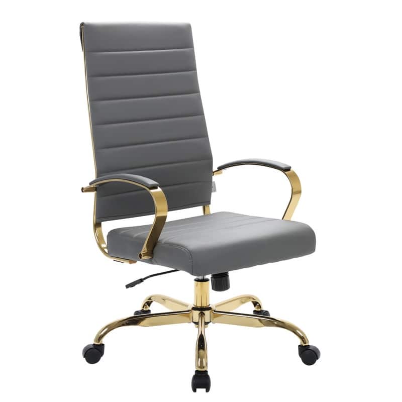 Benmar Ergonomic Ribbed Backrest Leather Executive Office Chair with Gold Frame, Adjustable Height, Tilt, Swivel, Smooth Casters
