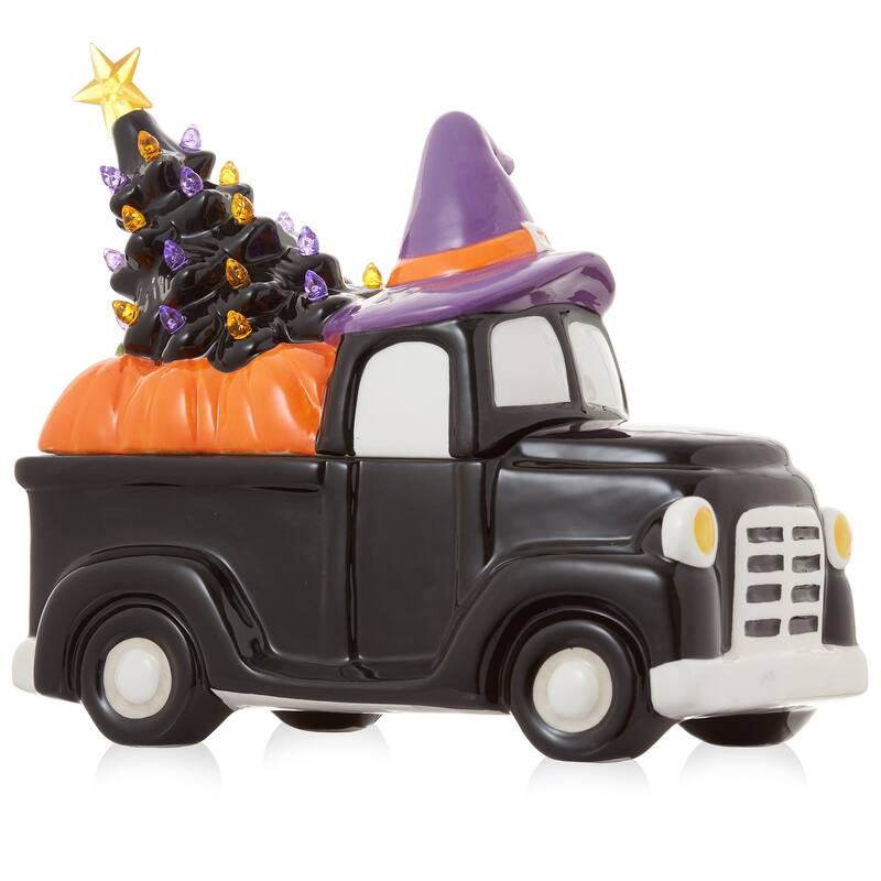 PreLit Ceramic Halloween Truck with Pumpkin HandPainted Decor