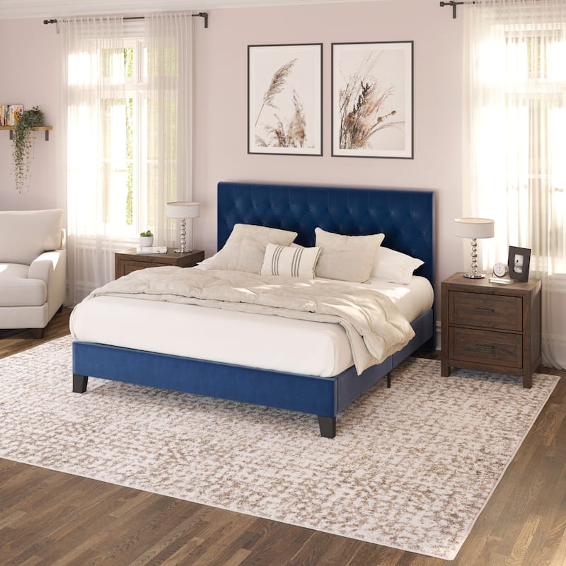 Navy Blue Queen Size Upholstered Bed Frame in Transitional Style with Elegant Design