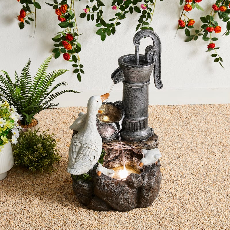 Glitzhome 23.5"H Cute Duck Family Polyresin Outdoor Fountain with LED Light - 23.5"