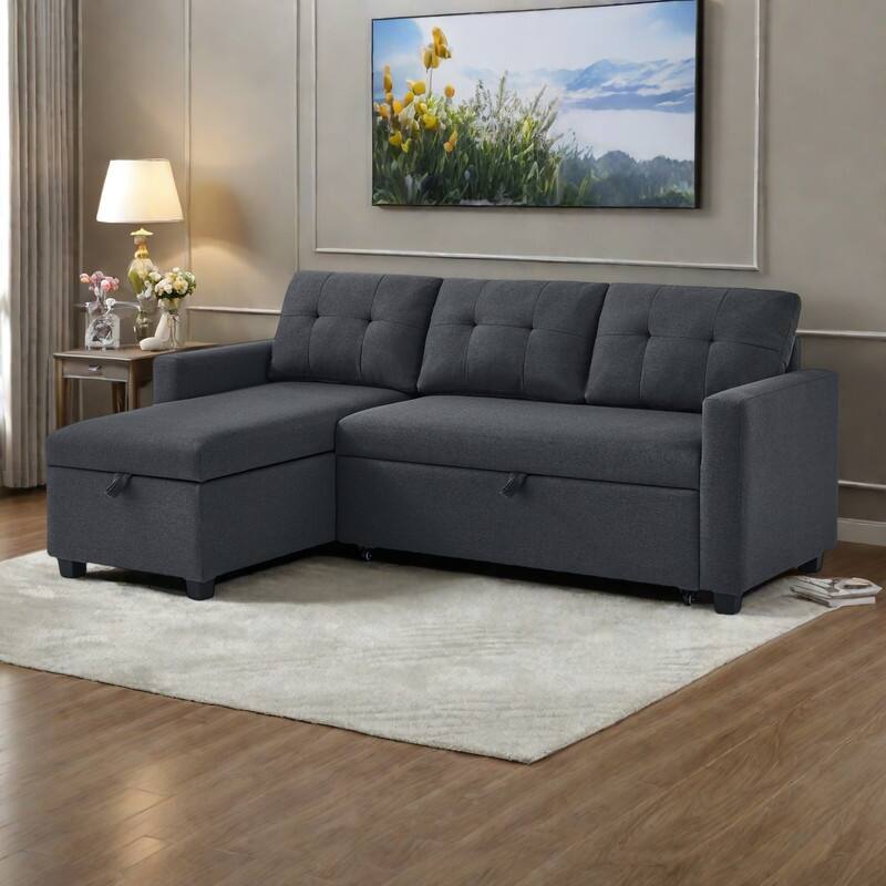 81.5" Linen Upholstered Sectional Sofa with Pull-Out Bed and Storage Chaise, Convertible 3-Seater