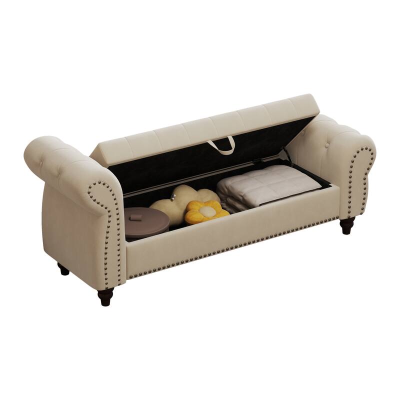 64.5" Storage Bench for Bedroom, Large Capacity Upholstered Ottoman, End of Bed Tufted Chaise Lounge with Rolled Arm