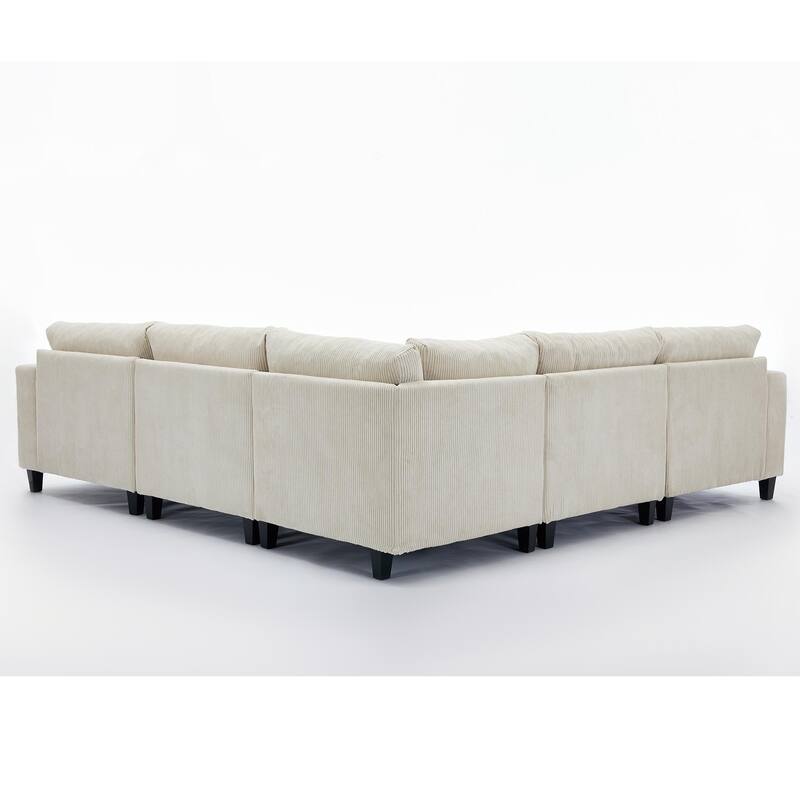 Oversized Modular Sectional Sofa Set, L Shaped, Corduroy Upholstered, 5 Seat, Beige