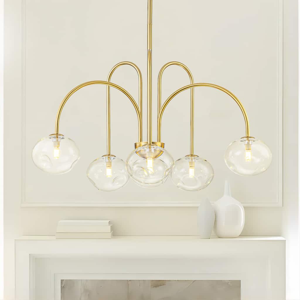 6-Light Modern Brass Chandelier with Clear Glass Globes - Contemporary Ceiling Light for Living Room - 6 Light