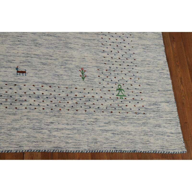 Ivory & Blue Tribal Gabbeh Indian Area Rug Handmade Wool Carpet - 8'0"x 9'10"